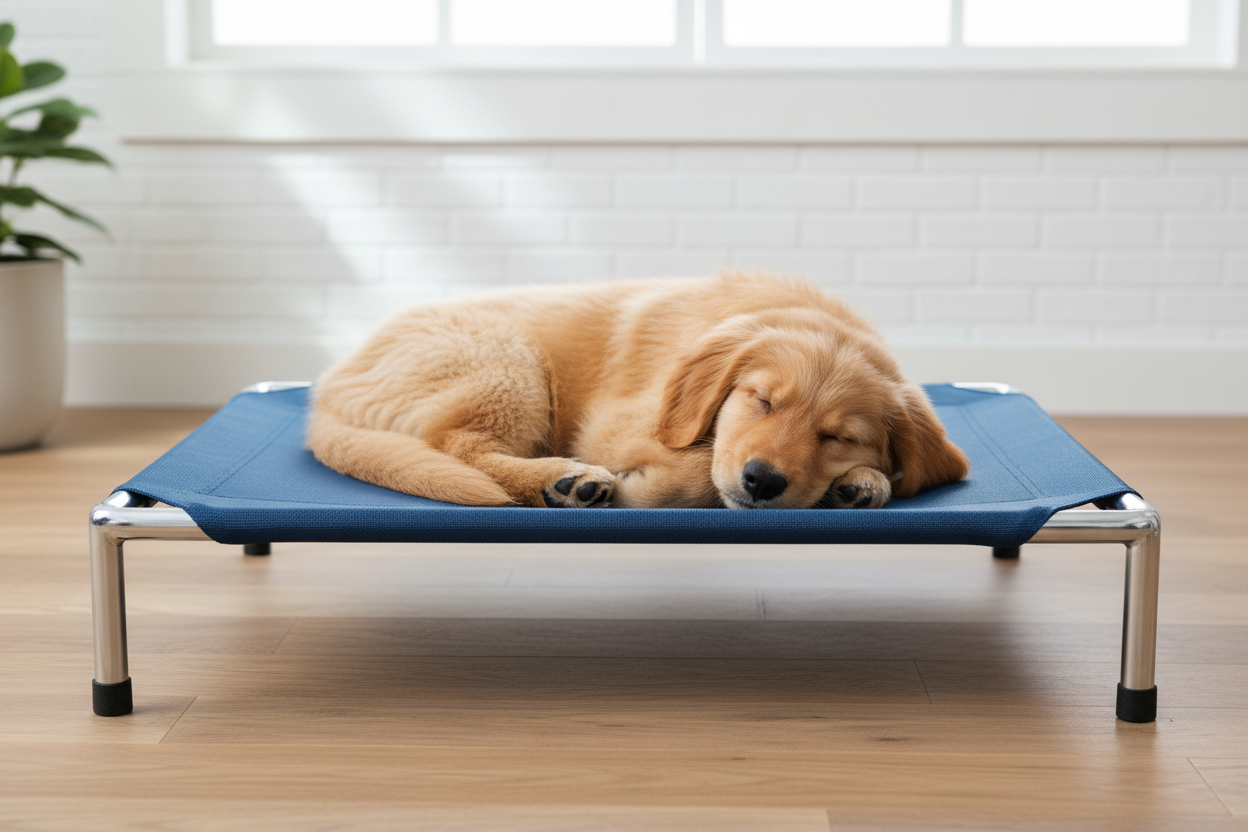 Cute dog sleeping in trampoline dog bed